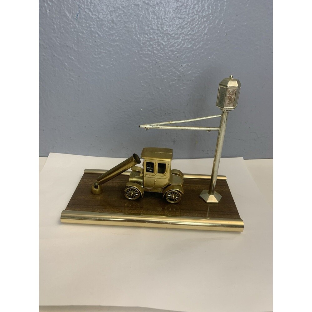 Vintage Brass/Faux Wood Office Desk Pen and Note Holder